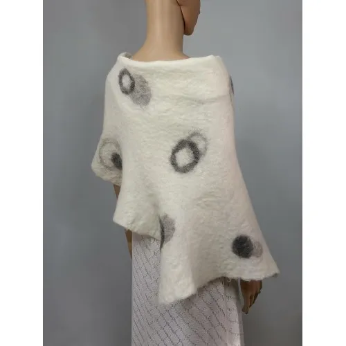 Châle léger en alpaga et soie : design bulles gris sur blanc ivoire