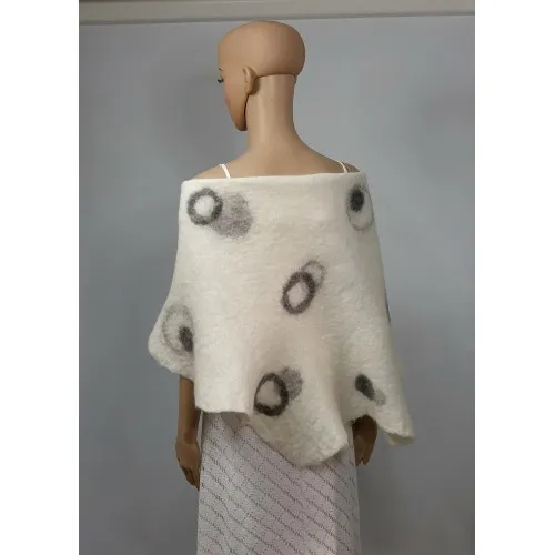 Châle léger en alpaga et soie : design bulles gris sur blanc ivoire