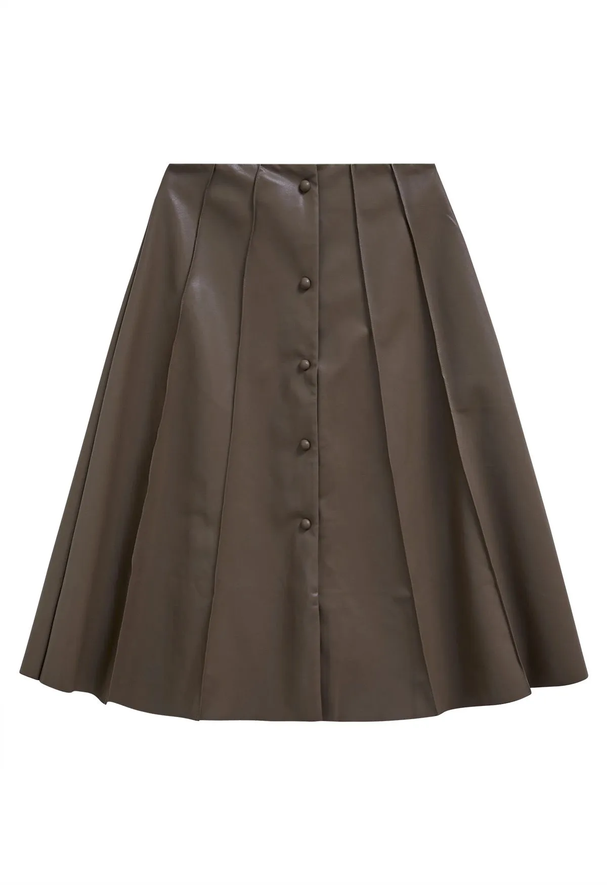 Jupe mi-longue boutonnée en similicuir marron