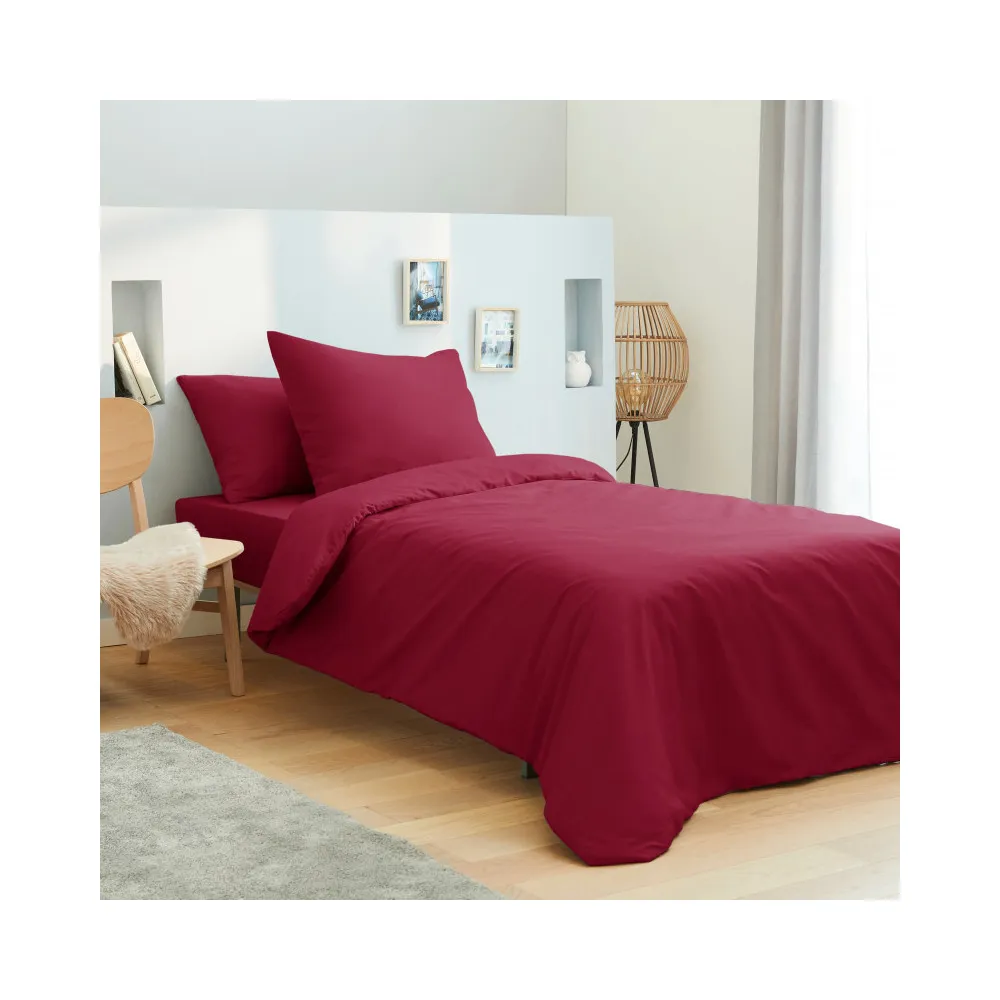 Parure de draps 3 pièces unicolore Rouge pour lit 90 x 190 cm 100% coton / 57 fils/cm²