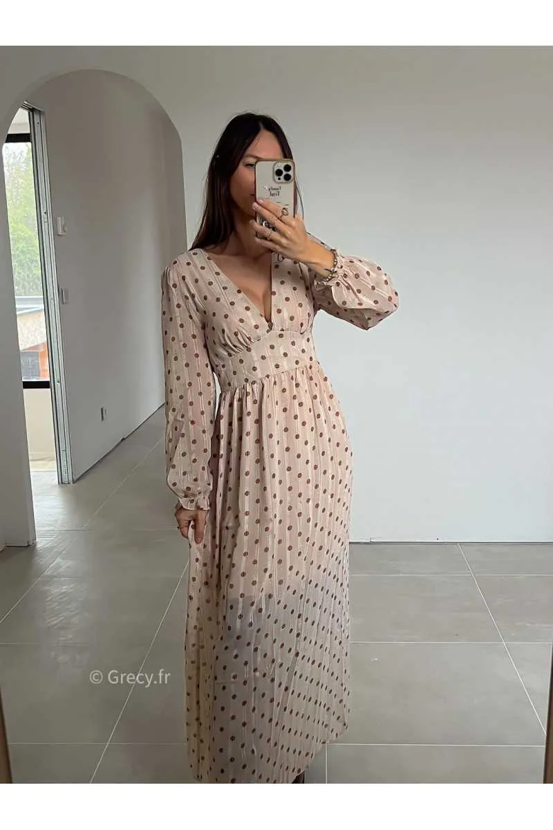 Robe longue beige à pois