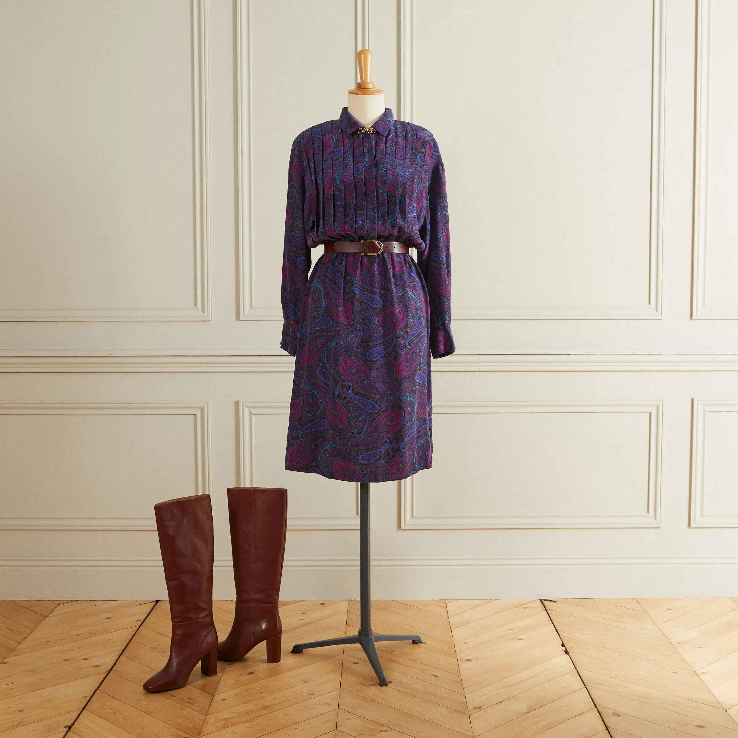 Robe midi en soie à motifs cachemire violette