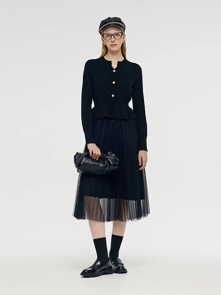 Robe Midi Patchwork en Mélange de Tencel et Laine