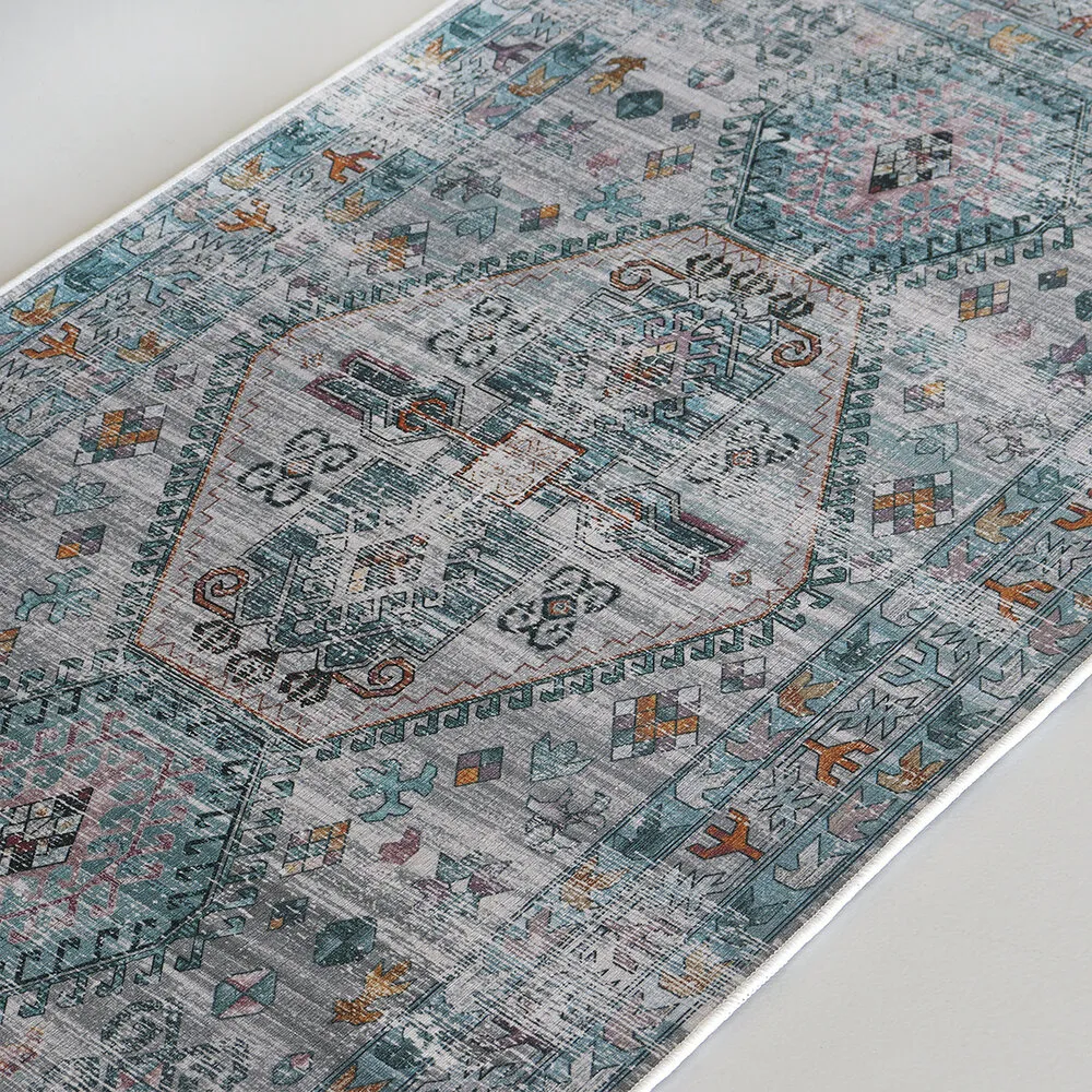 Tapis vintage 70x140cm blanc bleu clair oriental avec motifs